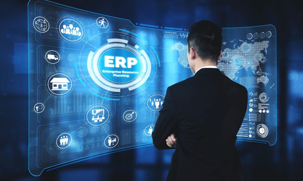 Enterprise Resource Management ERP software system for business resources plan presented in modern graphic interface showing future technology to manage company enterprise resource.